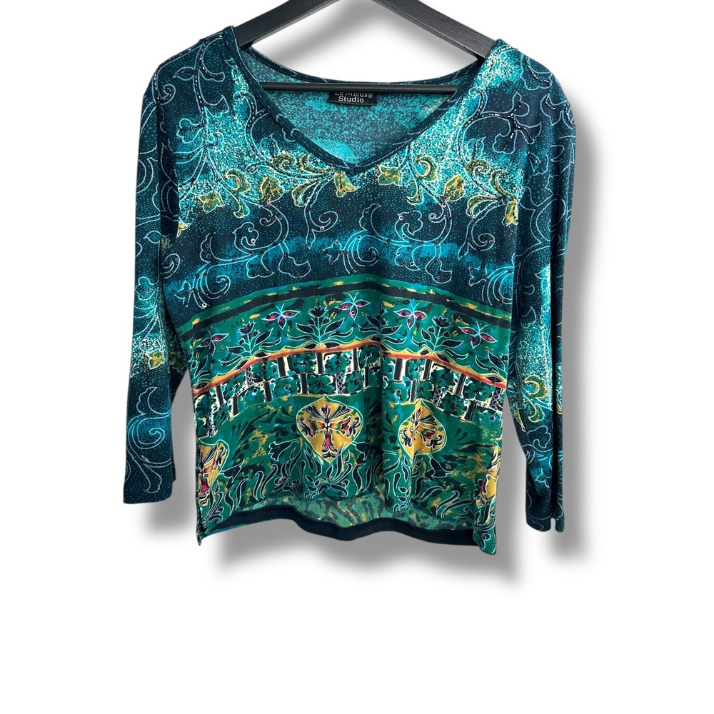 Le Mieux‎ Studio Teal Green Cotton Beaded Botanical V-Neck 3/4 Sleeve Top Large